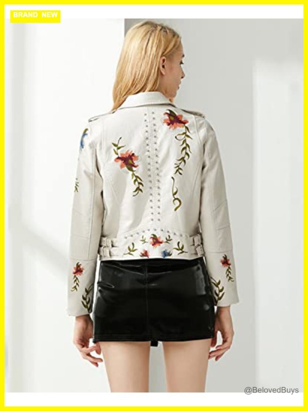 Embroidered Studded Faux Leather Moto Jacket Floral Coat - Picture 4 of 6